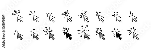Holiday firework, sparkle and glitter arrow pointers. Doodle click cursor. Merry Christmas and happy new year design element. Festive sketch vector illustration