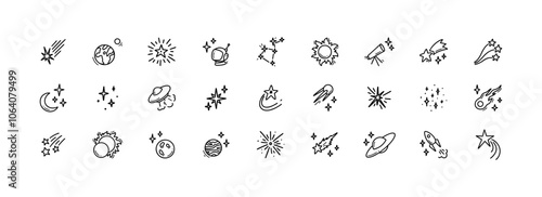 Cute line doodle space icons set. Hand drawn linear simple cosmic design elements. Rocket, sun, moon, planet, falling stars contour illustrations. Childish crayon drawing. Solar system