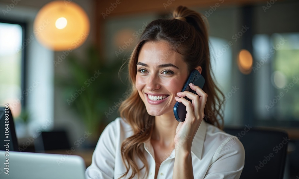 A smiling young woman is engaged in a phone conversation while sitting at a desk with a laptop. Her cheerful demeanor and natural lighting create a welcoming atmosphere in a modern office space A smiling young woman is engaged in a phone conversation while sitting at a desk with a laptop. Her cheerful demeanor and natural lighting create a welcoming atmosphere in a modern office space