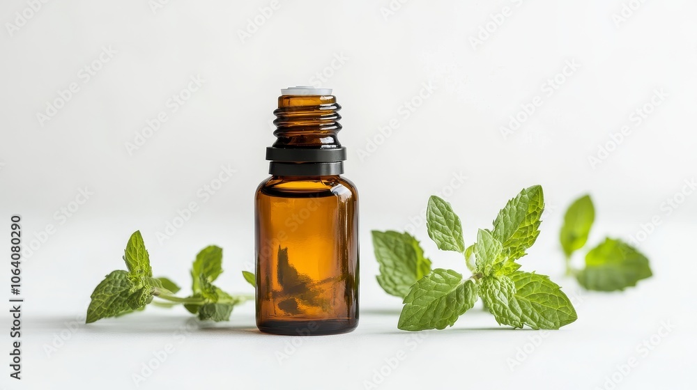 Peppermint essential oil, captured in a glass bottle, accompanied by a sprig of fresh peppermint leaf, rests on a pristine white backdrop. Peppermint essential oil, captured in a glass bottle, accompanied by a sprig of fresh peppermint leaf, rests on a pristine white backdrop.