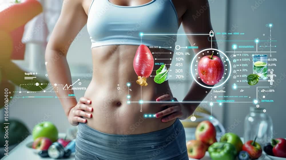 Fit woman with virtual elements of healthy food and nutrition, focusing on a balanced diet and wellness. 4K video