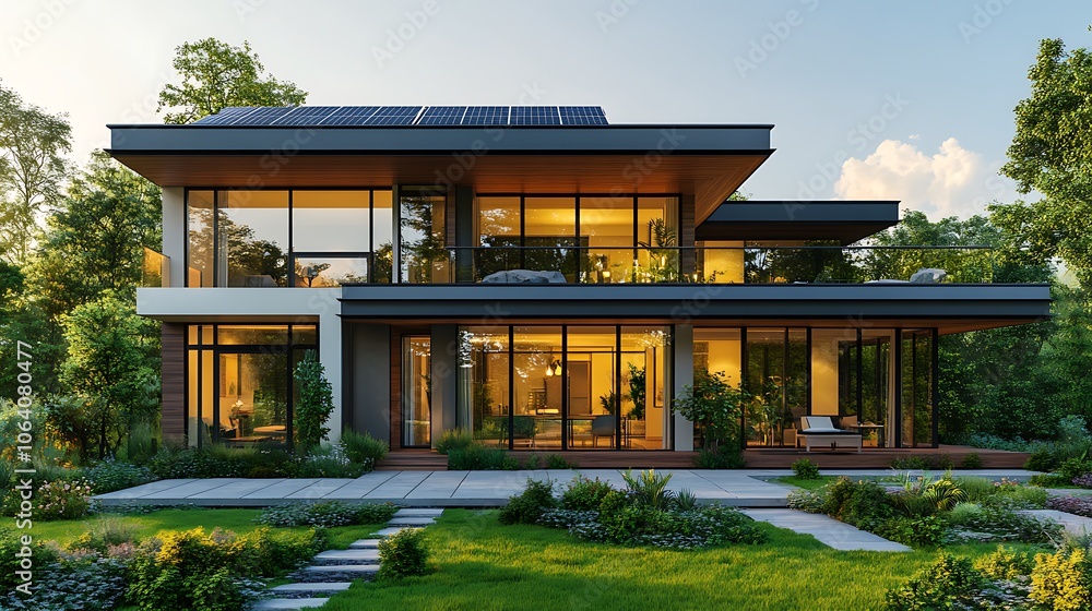 Solar panels and greenery providing eco friendly touch to modern home design picture Solar panels and greenery providing eco friendly touch to modern home design picture