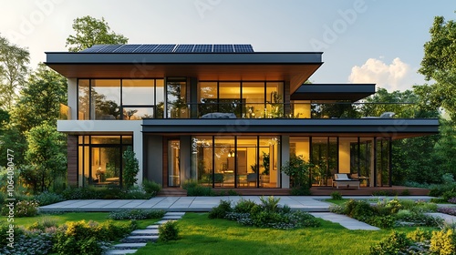 Solar panels and greenery providing eco friendly touch to modern home design picture