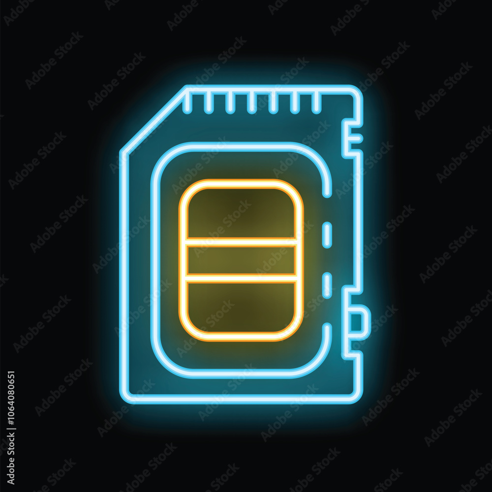 Glowing neon line icon of a sim card is isolated on a black background Glowing neon line icon of a sim card is isolated on a black background