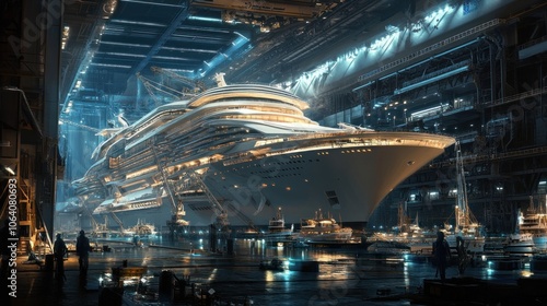 A large cruise ship is being built in a dry dock, surrounded by workers and smaller boats.