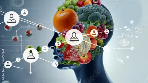 Digital concept of a human brain filled with fruits and vegetables, representing nutrition and mental health with a network of health icons. Emphasizes the link between diet and cognitive function. 4K