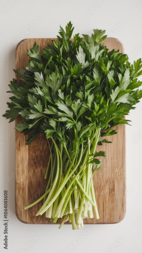Fresh green parsley bunch on wooden cutting board, isolated close-up view Fresh green parsley bunch on wooden cutting board, isolated close-up view