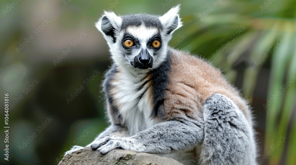 Obraz premium Close up of curious ring-tailed lemur resting on rock, displaying vibrant facial features and attentive expression, surrounded by lush greenery, showcasing wildlife and natural habitat.