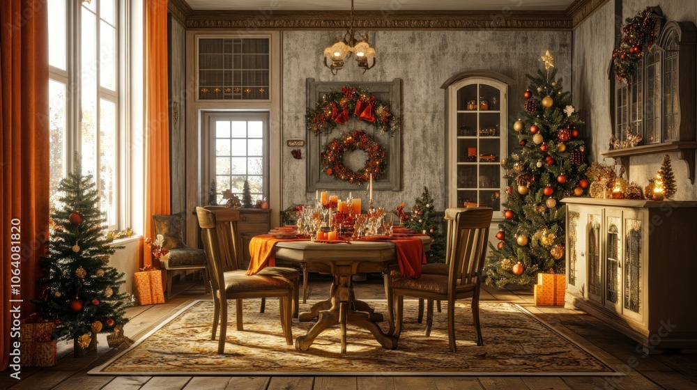 A charming dining room decorated for Christmas with a festive table setting, two Christmas trees, and wreaths. A charming dining room decorated for Christmas with a festive table setting, two Christmas trees, and wreaths.