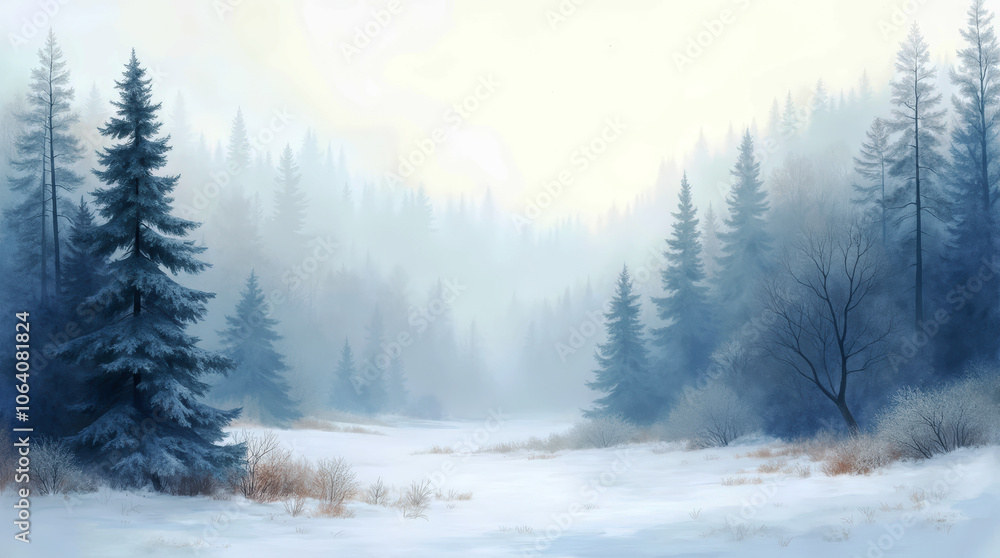 Obraz premium Watercolor Depiction of a Foggy Winter Wilderness Forest Scene