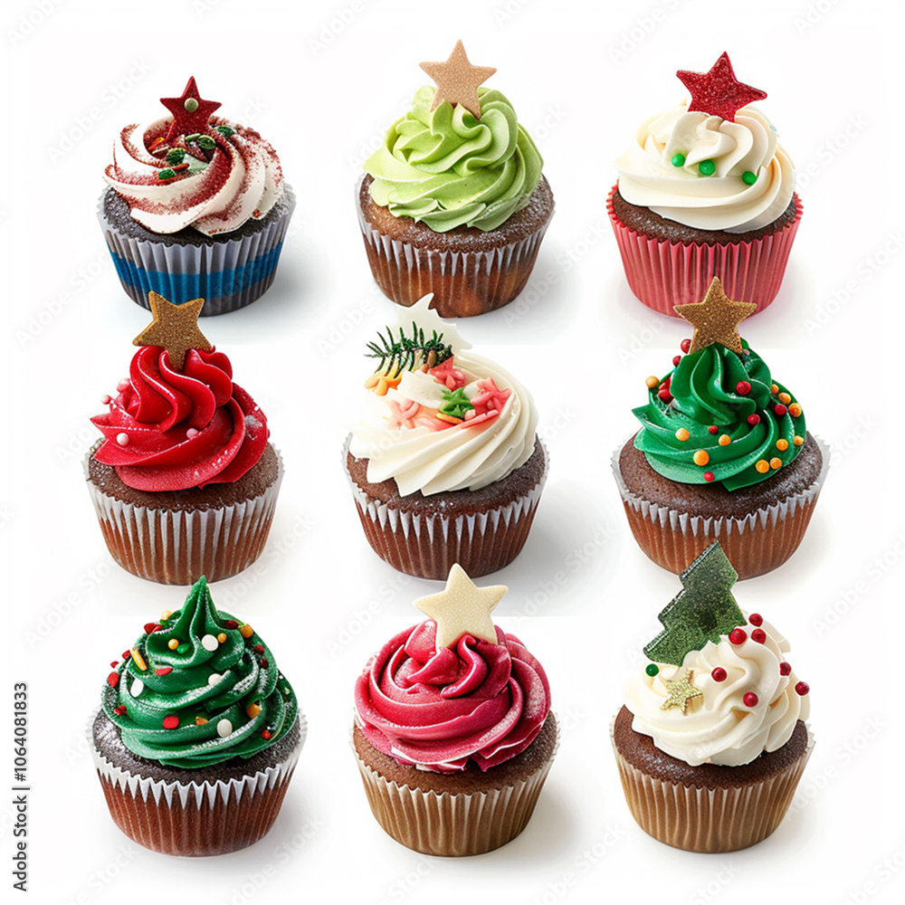 Set of Christmas cupcakes with colorful icing and festive winter wonderland isolated on white. Set of Christmas cupcakes with colorful icing and festive winter wonderland isolated on white.