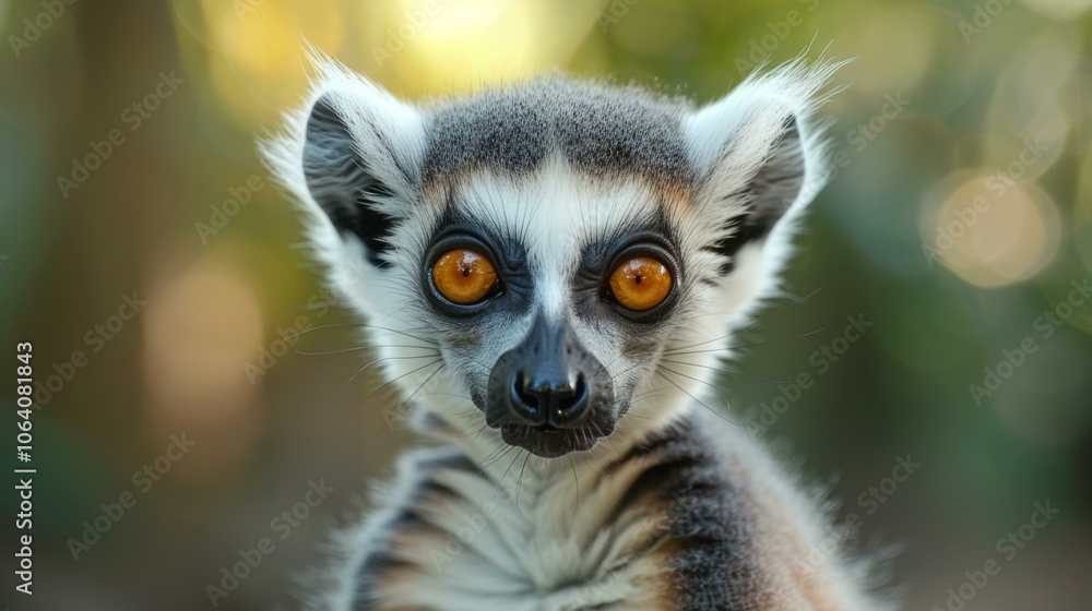 Fototapeta premium Close up portrait of curious ring-tailed lemur with striking orange eyes, showcasing intricate facial features, surrounded by soft blurred natural background, highlighting playful animal behavior.