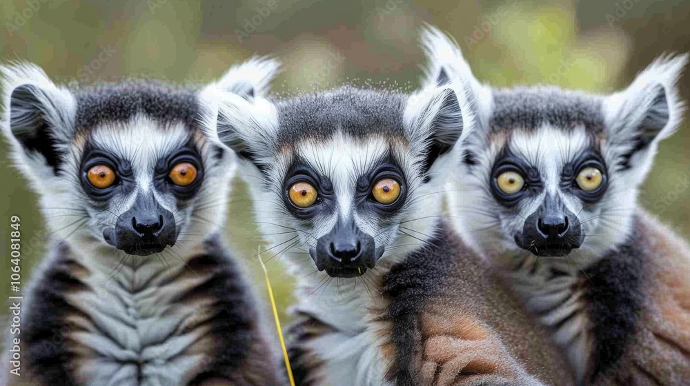 Fototapeta premium Three ring-tailed lemurs pose together, showcasing striking facial features and vibrant eyes, in a natural habitat, exhibiting curious expressions and social interaction, copy space.