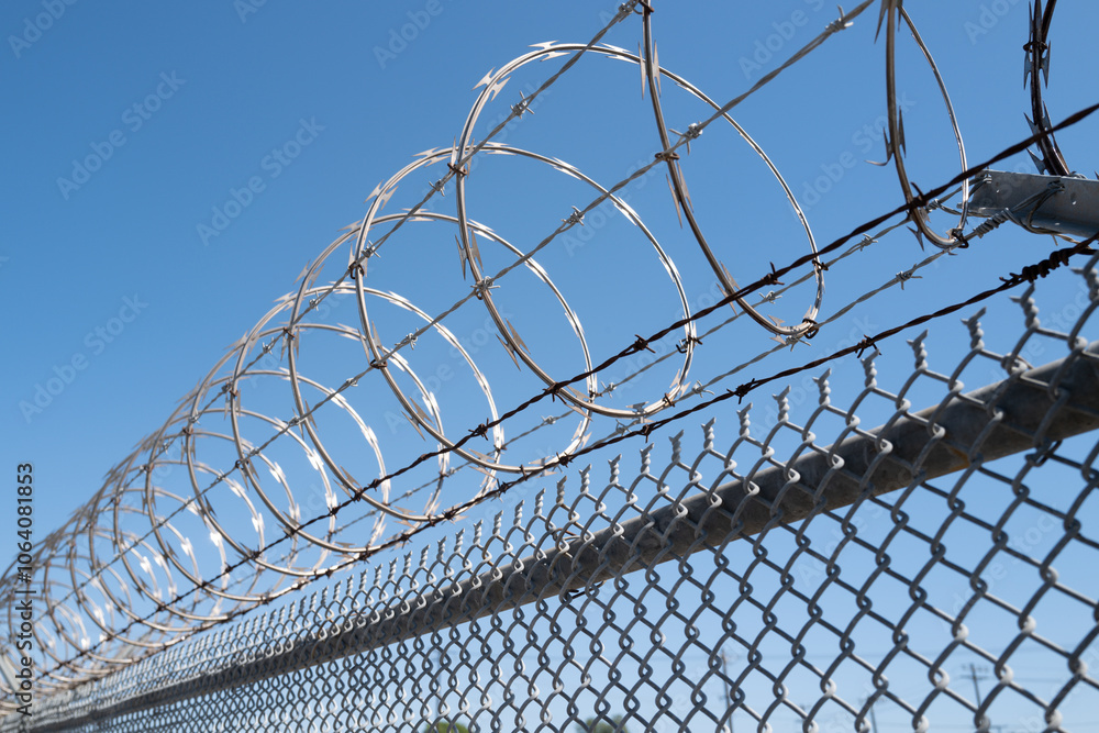 Barbed wire on the fence. Barbed wire fence delimiting the border of safe area. Security, protection, and boundaries. Barbed wire hedgehog and electric fence. Territory protection wire. Barbed wire on the fence. Barbed wire fence delimiting the border of safe area. Security, protection, and boundaries. Barbed wire hedgehog and electric fence. Territory protection wire.