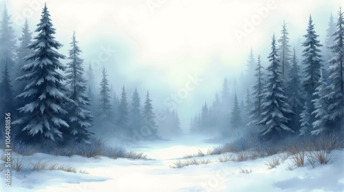 Mystical Wild Nature Scene: Fog-Enshrouded Winter Woodlands in Watercolor