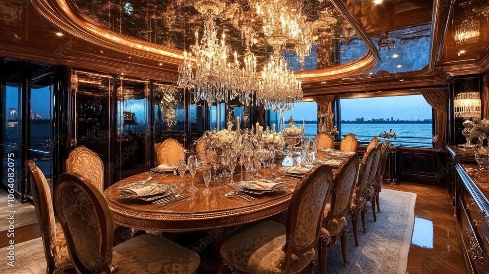 Fototapeta premium Luxurious dining room on a yacht with a large crystal chandelier, a wooden table, and chairs, and a view of the ocean.