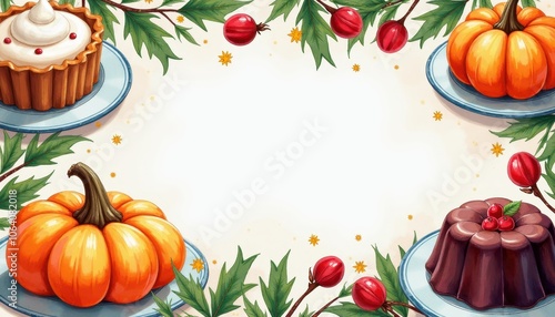 Illustration with copy space in the center, surrounded with holiday desserts pumpkin pie, fruitcake, and plum pudding