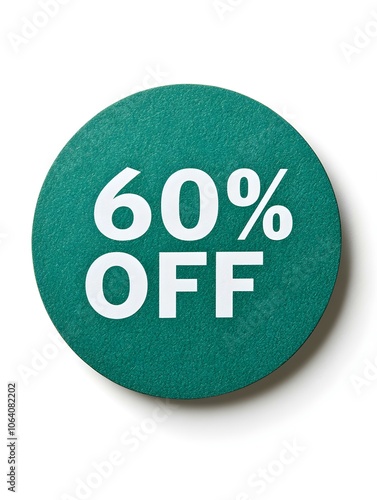 White '60% OFF' Text on a Emerald Round Paper Note. White Background 