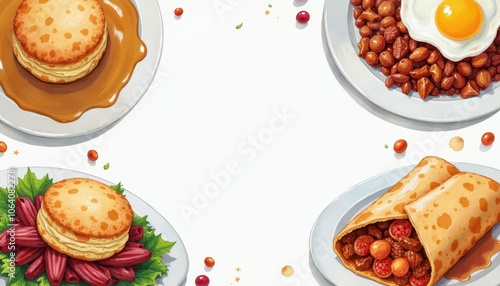 Wallpaper Mural Illustration with copy space in the center, surrounded with traditional breakfasts biscuits and gravy, corned beef hash, and breakfast burrito Torontodigital.ca