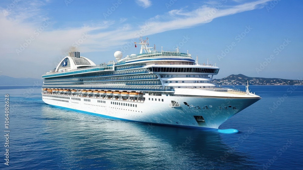 Naklejka premium Large white cruise ship sailing on a clear blue ocean with islands in the distance.