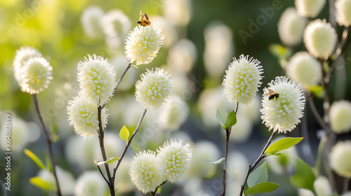 A Picturesque Landscape Garden with Vibrant Fothergilla Bushes in Full Bloom and Pollinators Attracted photo