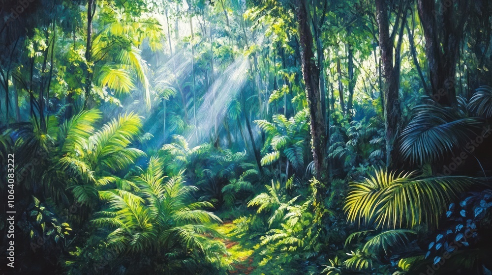 Sunbeams illuminate a path through a lush, green tropical jungle. Sunbeams illuminate a path through a lush, green tropical jungle.