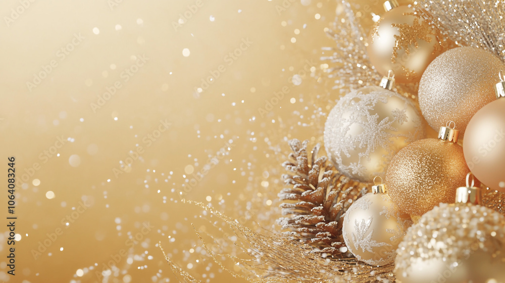 Obraz premium Festive Gold Christmas Ornaments with Sparkling Background