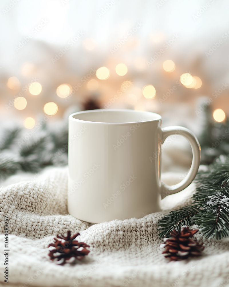 A minimalist and elegant winter card with a blank white mug as the centerpiece. A minimalist and elegant winter card with a blank white mug as the centerpiece.