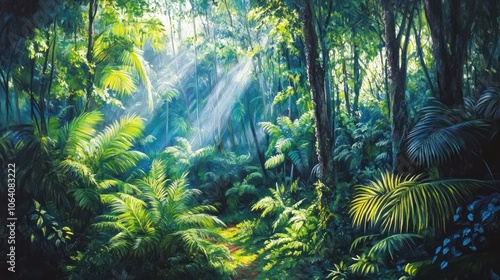 Sunbeams illuminate a path through a lush, green tropical jungle.