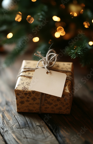 Christmas card with a beautifully wrapped gift surrounded by festive decorations. photo