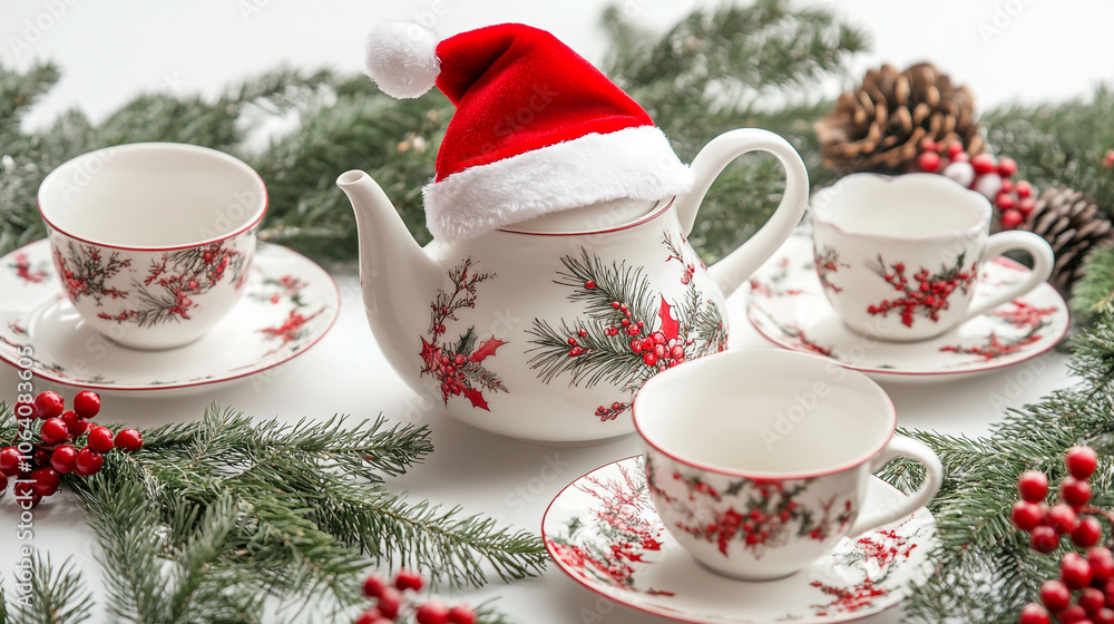 Fototapeta premium Festive Christmas Tea Party with Teapot and Cups in Red and Green Holly Pattern