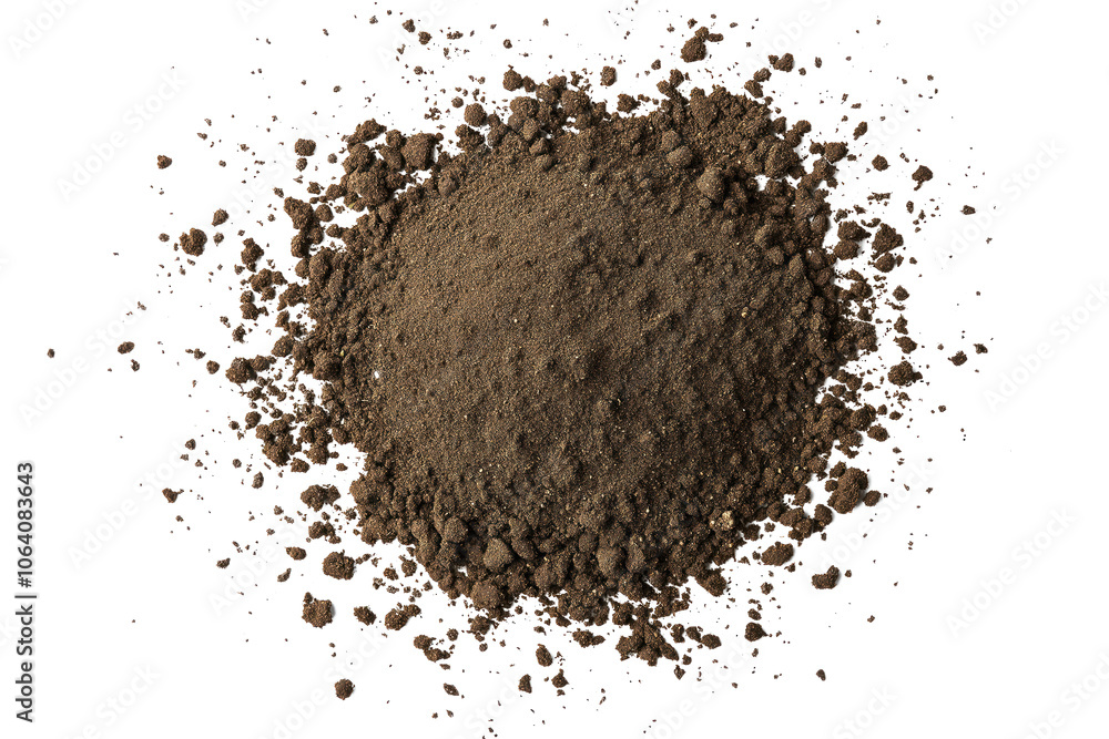 Close-up of small pile of dark brown soil scattered across isolated transparent background. Soil particles vary in size, some larger, others smaller, dispersed uniformly. Alpha mask cut out png. Close-up of small pile of dark brown soil scattered across isolated transparent background. Soil particles vary in size, some larger, others smaller, dispersed uniformly. Alpha mask cut out png.