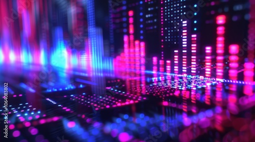 Abstract digital art depicting a vibrant cityscape with neon pink, blue, and purple light bars. Dotted patterns and reflective surfaces create depth and a high-tech ambiance on a dark background