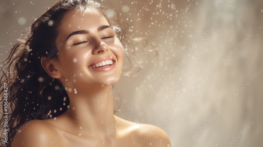 Joyful young woman with closed eyes and a broad smile as water droplets surround her. Her glowing skin and natural beauty are enhanced by soft, warm lighting Joyful young woman with closed eyes and a broad smile as water droplets surround her. Her glowing skin and natural beauty are enhanced by soft, warm lighting