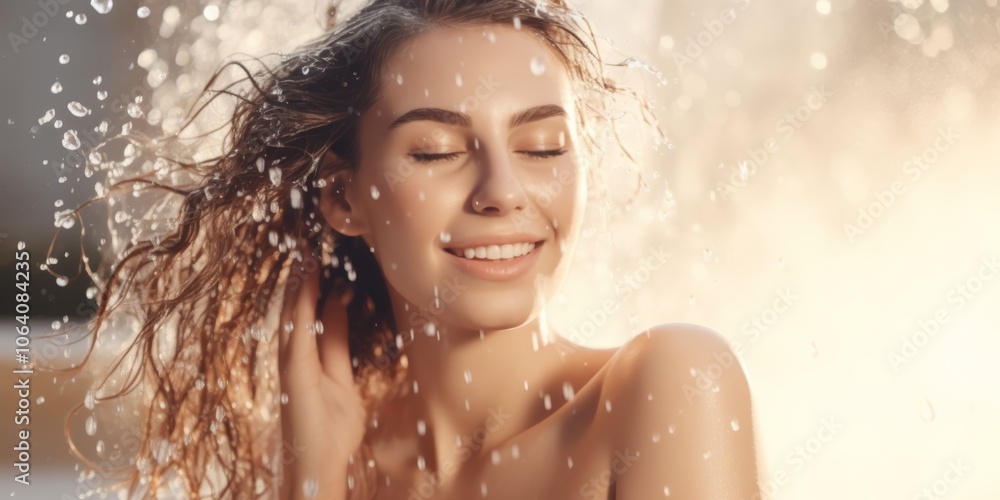 Young woman with eyes closed, smiling as water droplets cascade around her. Sunlight enhances her glowing complexion, creating a warm, serene ambiance Young woman with eyes closed, smiling as water droplets cascade around her. Sunlight enhances her glowing complexion, creating a warm, serene ambiance