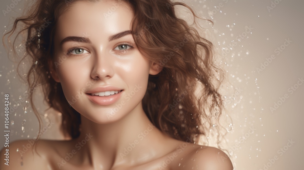 Close-up of a young woman with radiant, glowing skin and wet, curly hair. Gentle water droplets surround her, highlighting a fresh, dewy complexion against a soft beige background Close-up of a young woman with radiant, glowing skin and wet, curly hair. Gentle water droplets surround her, highlighting a fresh, dewy complexion against a soft beige background