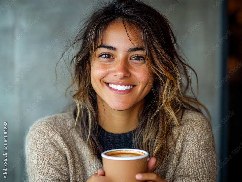 Woman with Warm Smile Holding Coffee Cup Indoors Woman with Warm Smile Holding Coffee Cup Indoors