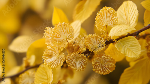 Exploring the Intricate Details and Textures of the Beautiful Fothergilla Bush Leaves and Flowers photo