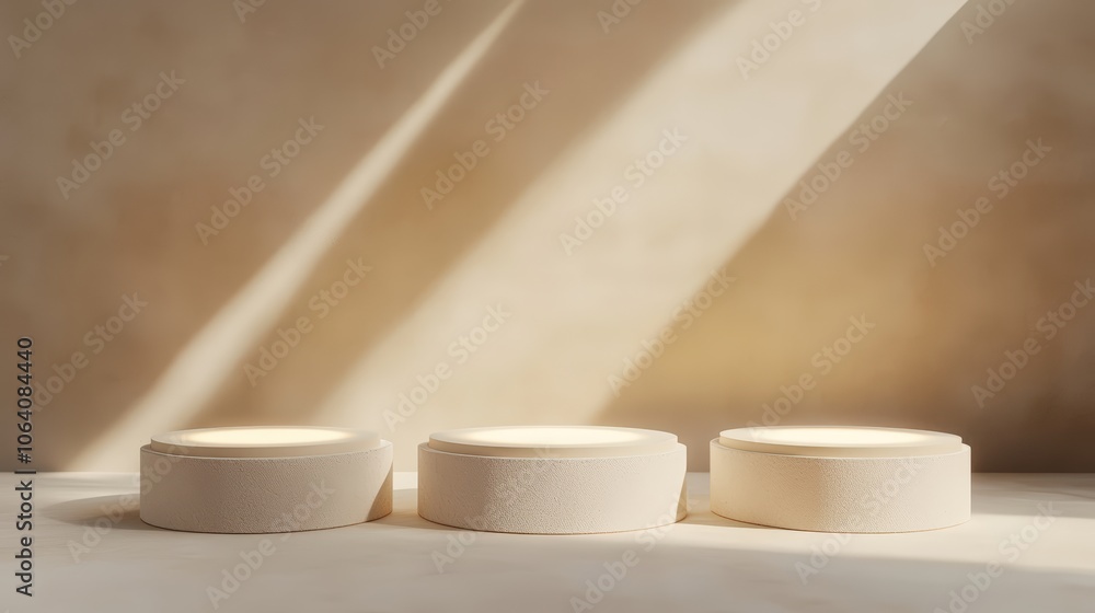 Minimalistic 3D Render of Three Cylinder Podiums on Beige Background for Product Presentation Scene Minimalistic 3D Render of Three Cylinder Podiums on Beige Background for Product Presentation Scene