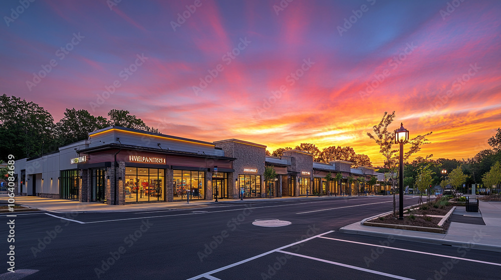 Modern Retail Shops at Sunset with Parking Lot and Street Lamp Modern Retail Shops at Sunset with Parking Lot and Street Lamp