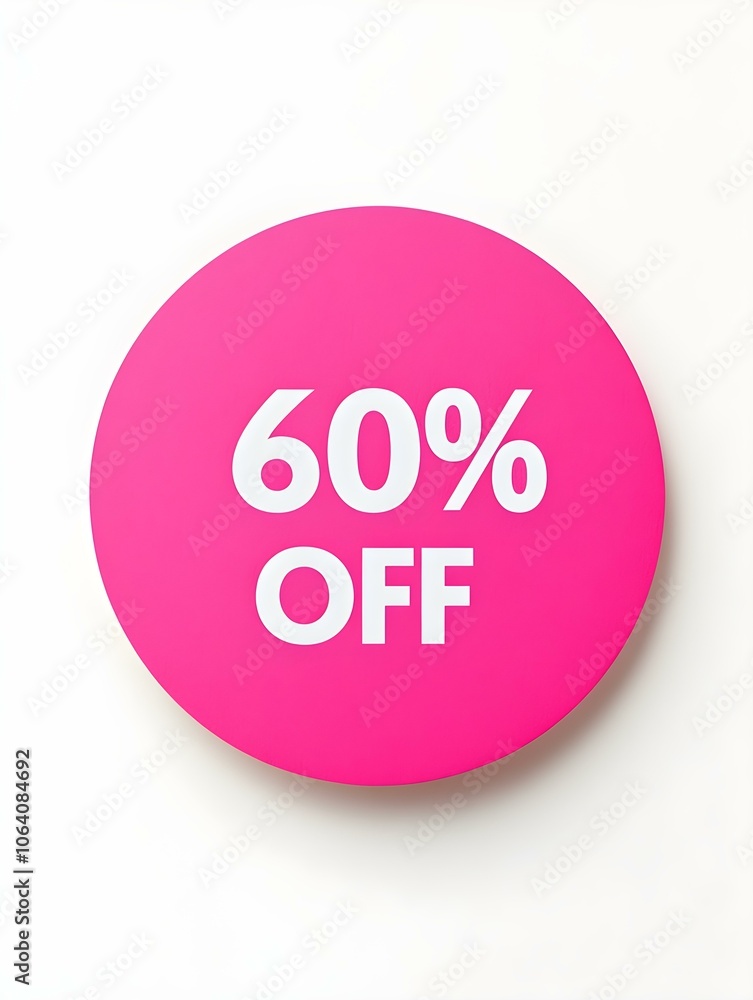 White '60% OFF' Text on a Hot Pink Round Paper Note. White Background White '60% OFF' Text on a Hot Pink Round Paper Note. White Background