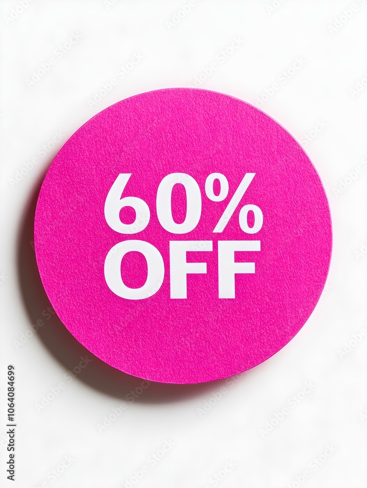 White '60% OFF' Text on a Hot Pink Round Paper Note. White Background White '60% OFF' Text on a Hot Pink Round Paper Note. White Background