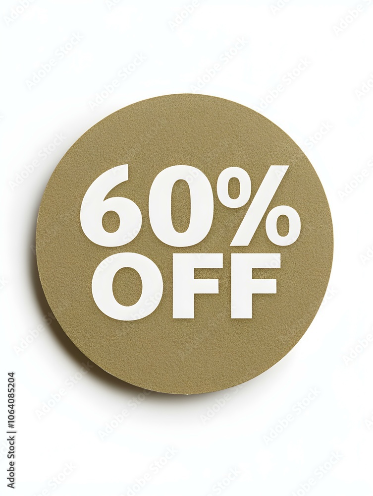 White '60% OFF' Text on a Khaki Round Paper Note. White Background White '60% OFF' Text on a Khaki Round Paper Note. White Background