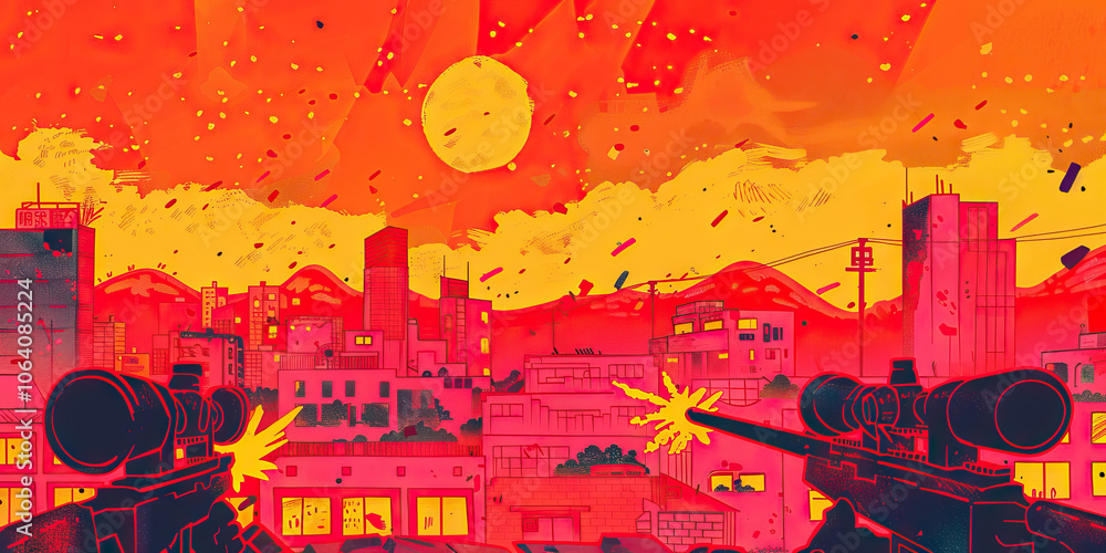 Obraz premium An abandoned city skyline looms above a makeshift shooting range, as soldiers practice clearing buildings and room-to-room combat scenarios.