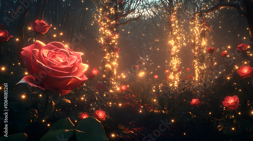 A Magical Enchanted Rose Flower Garden Illuminated By Twinkling Lights At Dusk