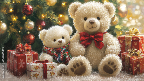 Christmas Teddy Bears with Gifts Under the Tree