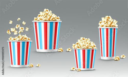 Collection of realistic 3D cardboard popcorn cups. Striped paper box of different sizes with popcorn. Popcorn is poured on top. Vector illustration. Snacks for watching movies