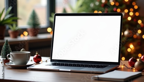 Christmas laptop mockup on table with blank screen and holiday decor around. Perfect for seasonal marketing, holiday tech ads, and festive design presentations.