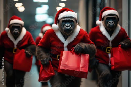 Gorillas dressed in Santa costumes hold shopping bags in a festive indoor mall setting, capturing the holiday season spirit. Christmas shopping concept. photo