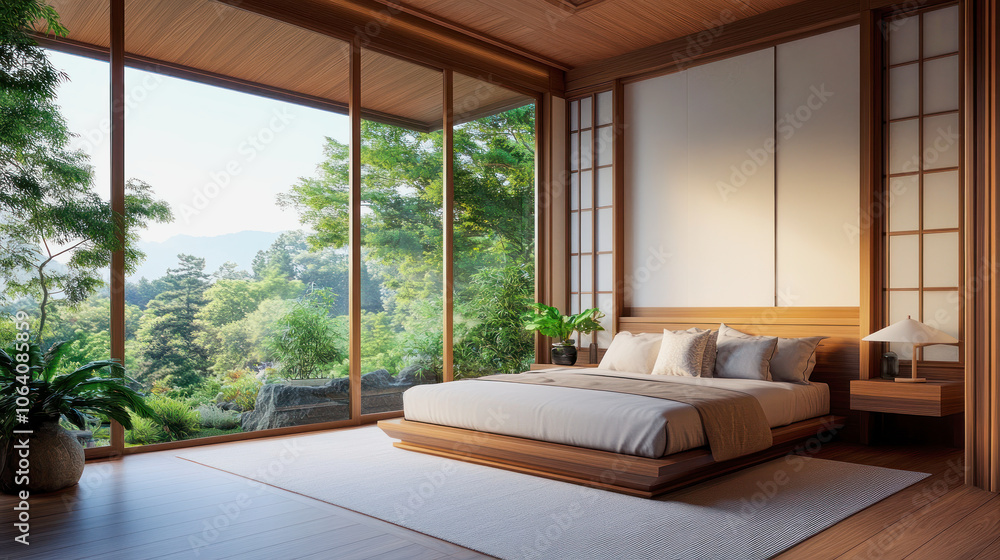 A calm and inviting bedroom featuring wooden decor, natural light, and views of lush greenery, designed with feng shui principles for harmony and relaxation. A calm and inviting bedroom featuring wooden decor, natural light, and views of lush greenery, designed with feng shui principles for harmony and relaxation.